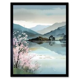 "Artery8 Wall Art Print Lakeside Landscape with Cherry Blossom Tree Modern Watercolour Painting Art Framed in Black - Size: W12"" x H16""" - thumbnail 1