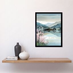 "Artery8 Wall Art Print Lakeside Landscape with Cherry Blossom Tree Modern Watercolour Painting Art Framed in Black - Size: W12"" x H16""" - thumbnail 2