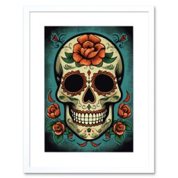 "Artery8 Wall Art Print Day of Dead Skull Old School USA Tattoo Ink Body Rockabilly Americana 50s Artwork Framed 9X7 Inch in White - Size: W7"" x H9""" - thumbnail 1