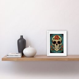 "Artery8 Wall Art Print Day of Dead Skull Old School USA Tattoo Ink Body Rockabilly Americana 50s Artwork Framed 9X7 Inch in White - Size: W7"" x H9""" - thumbnail 2