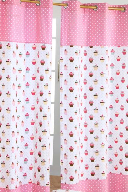 Homescapes Cupcakes Ready Made Eyelet Curtain Pair in Pink - Size: 140 cm width x 229 cm drop - image 1