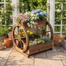 Costway Rustic Wood Wagon Planter 2-tier Raised Garden Bed w/3 Growing Boxes in Brown - thumbnail 1