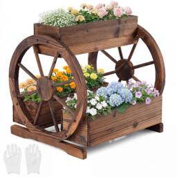 Costway Rustic Wood Wagon Planter 2-tier Raised Garden Bed w/3 Growing Boxes in Brown - thumbnail 3