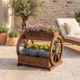 Costway Rustic Wood Wagon Planter 2-tier Raised Garden Bed w/3 Growing Boxes in Brown - thumbnail 9