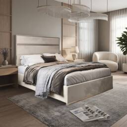 KDMD Holt Upholstered Soft Velvet Beige Metal Designer Bed Frame in Cream - Size: Small Double - thumbnail 1