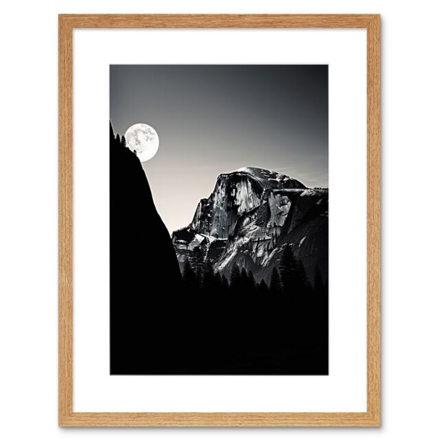 Artery8 Wall Art Print Moonrise by Half Dome in Yosemite National Park High Contrast Black White Photograph Full Moon & Mountain Forest Landscape - image 1