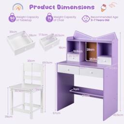 Havendro Purple Kids Study Desk Chair Set Student Writing Table - thumbnail 2