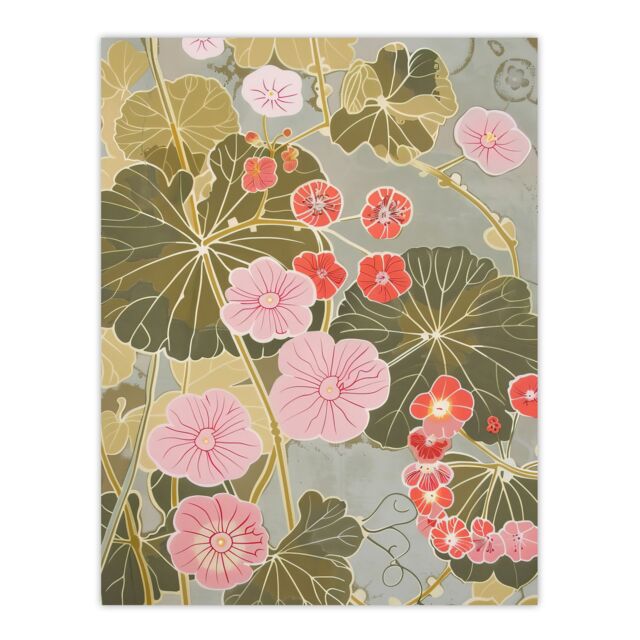 "Artery8 Pink Geranium Flowers Artwork Pastel Foliage Wall Art Print in Green - Size: W24"" x H32""" - image 1