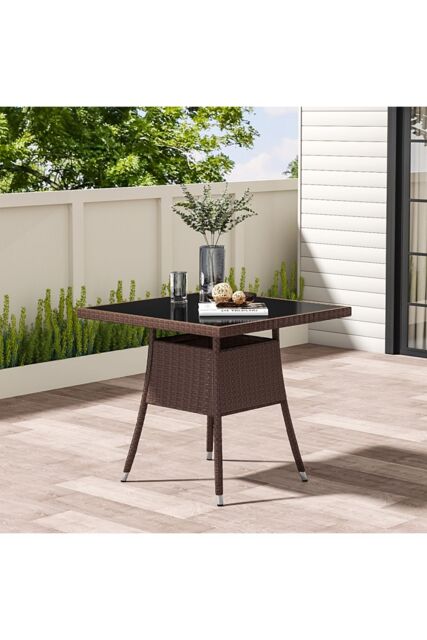 Living and Home Garden Wicker Tempered Glass Dining Table with Parasol Hole in Brown - image 1