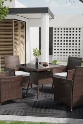 Living and Home Garden Wicker Tempered Glass Dining Table with Parasol Hole in Brown - thumbnail 6