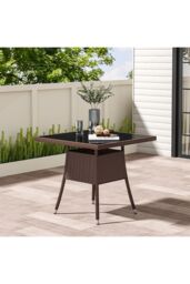 Living and Home Garden Wicker Tempered Glass Dining Table with Parasol Hole in Brown - thumbnail 1