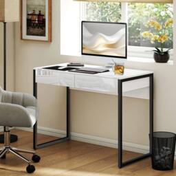 VOGREX White & Black High Gloss Modern Office Desk with 2 Drawers - thumbnail 2