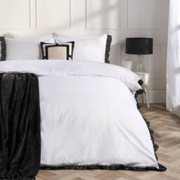 OHS Contrast Frill Edge Duvet Cover Set with Pillowcase Microfibre Bedding in White - Size: Single - thumbnail 1