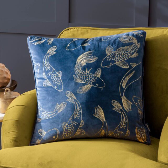 Paoletti Koi Pond Embroidered Velvet Cushion in Navy - Size: 50 cm x 50 cm - image 1