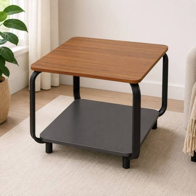 SPOT ON DEALZ 2 Tier Side Table Natural Wood Nightstand with Black Metal Frame in Walnut - image 1