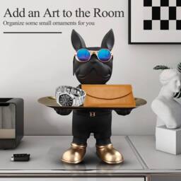 Huhote Resin French Bulldog Statue with Tray Black Home Decor Sculpture - thumbnail 3