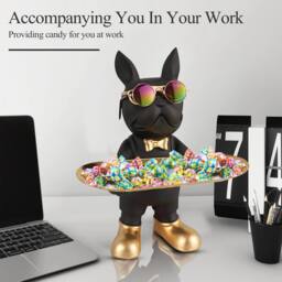 Huhote Resin French Bulldog Statue with Tray Black Home Decor Sculpture - thumbnail 7