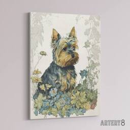 "Artery8 Yorkshire Terrier Dog In Wild Flowers Canvas Wall Art Print - Size: W24"" x H32""" - thumbnail 2
