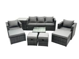 Fimous 9 Seater Patio Lounge Sofa Set with Side Table 4 Footstool in Dark Grey - thumbnail 1