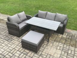 Fimous Outdoor Garden Patio Furniture Wicker Rattan Oblong Rectangular Dining Table & Lounge Sofa set with Big Footstool Dark Grey Mixed - thumbnail 2