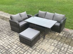Fimous Outdoor Garden Patio Furniture Wicker Rattan Oblong Rectangular Dining Table & Lounge Sofa set with Big Footstool Dark Grey Mixed - thumbnail 1