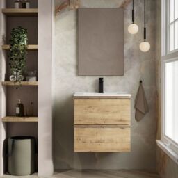 Banyetti Vatilla 600mm Wall Hung Vanity Unit with Lira Basin - Ostippo Oak in Light Oak