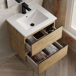 Banyetti Vatilla 600mm Wall Hung Vanity Unit with Lira Basin - Ostippo Oak in Light Oak - thumbnail 4