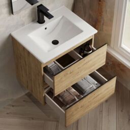 Banyetti Vatilla 600mm Wall Hung Vanity Unit with Lira Basin - Ostippo Oak in Light Oak - thumbnail 3