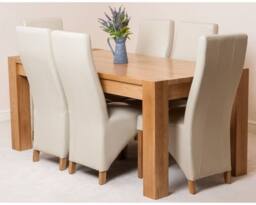 Thats Furniture Kuba 180 x 90 cm Chunky Oak Dining Table & 6 Lola Leather Chairs in Cream - thumbnail 2