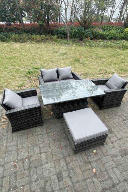 Fimous Rattan Outdoor Furniture Adjustable Rising Lifting Rectangle Dining Table Chairs 5 Seater in Dark Grey