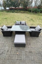 Fimous Rattan Outdoor Furniture Adjustable Rising Lifting Rectangle Dining Table Chairs 5 Seater in Dark Grey - thumbnail 3