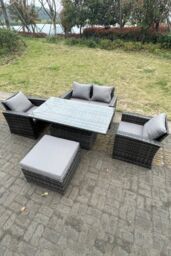 Fimous Rattan Outdoor Furniture Adjustable Rising Lifting Rectangle Dining Table Chairs 5 Seater in Dark Grey - thumbnail 2