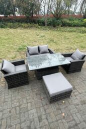 Fimous Rattan Outdoor Furniture Adjustable Rising Lifting Rectangle Dining Table Chairs 5 Seater in Dark Grey - thumbnail 1