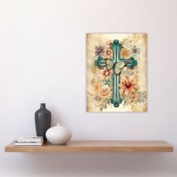 "Artery8 Wall Art Print Flowery Cross Upcycle Watercolour Painting Pastel Colour Flower Blooms & Butterfly Poster in Beige - Size: W18"" x H24""" - thumbnail 4