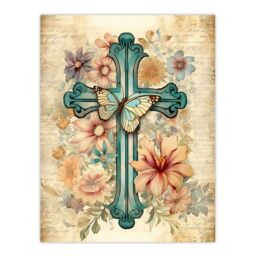 "Artery8 Wall Art Print Flowery Cross Upcycle Watercolour Painting Pastel Colour Flower Blooms & Butterfly Poster in Beige - Size: W18"" x H24""" - thumbnail 1