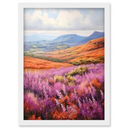 Artery8 Wall Art Print Scottish Heather Fields Oil Painting Purple Orange Blue Scotland Countryside Landscape Artwork Framed A4 in White - thumbnail 1