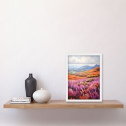 Artery8 Wall Art Print Scottish Heather Fields Oil Painting Purple Orange Blue Scotland Countryside Landscape Artwork Framed A4 in White - thumbnail 2