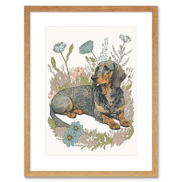 "Artery8 Wall Art Print Dachshund Dog Lying in Flower Field Pastel Watercolour Artwork Framed 9X7 Inch in Beige - Size: W7"" x H9""" - image 1