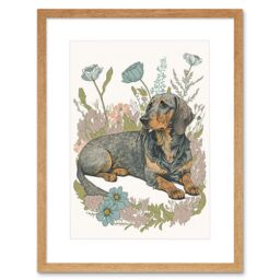 "Artery8 Wall Art Print Dachshund Dog Lying in Flower Field Pastel Watercolour Artwork Framed 9X7 Inch in Beige - Size: W7"" x H9""" - thumbnail 1