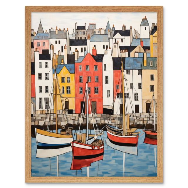 "Artery8 Wall Art Print Colourful Town Harbour Acrylic Painting Red Yellow Blue Fishing Boats Coastal Townscape Art Framed - Size: W12"" x H16""" - image 1
