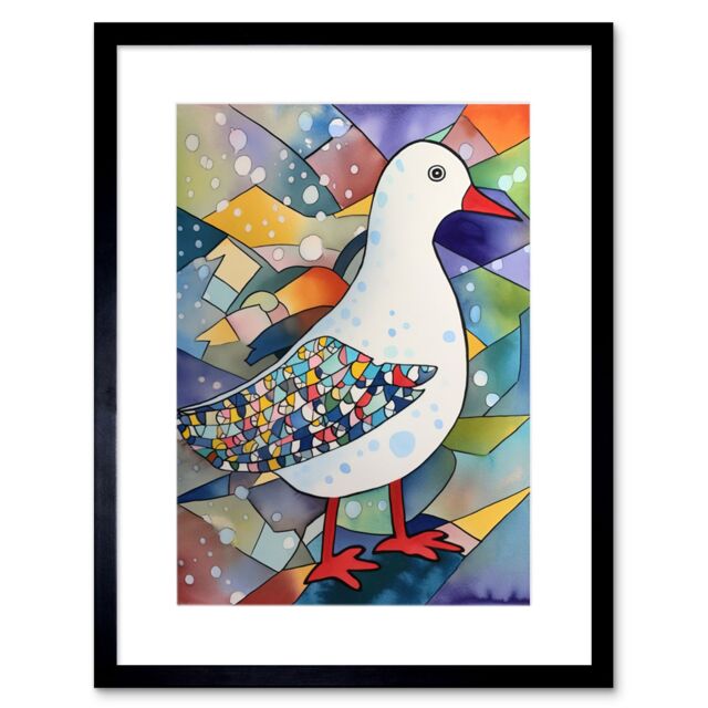 "Artery8 Wall Art Print Seagull Bird & Snowflakes Folk Artwork Framed 9X7 Inch in Black - Size: W7"" x H9""" - image 1