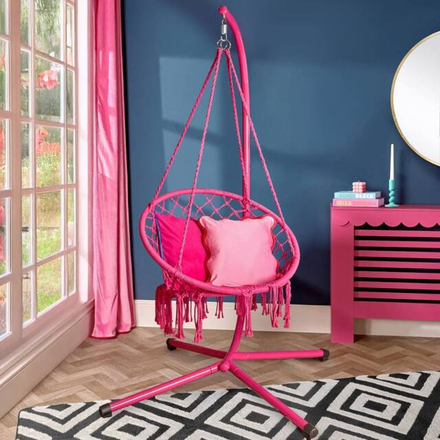 OHS Macrame Hanging Chair Outdoor Swing Garden Hammock Rope Tassels in Bright Pink - image 1