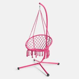 OHS Macrame Hanging Chair Outdoor Swing Garden Hammock Rope Tassels in Bright Pink - thumbnail 3