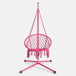 OHS Macrame Hanging Chair Outdoor Swing Garden Hammock Rope Tassels in Bright Pink - thumbnail 2