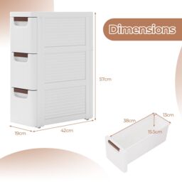 Costway 3-Drawer Narrow Storage Cabinet Bathroom Rolling Plastic Cart Container in White - thumbnail 2