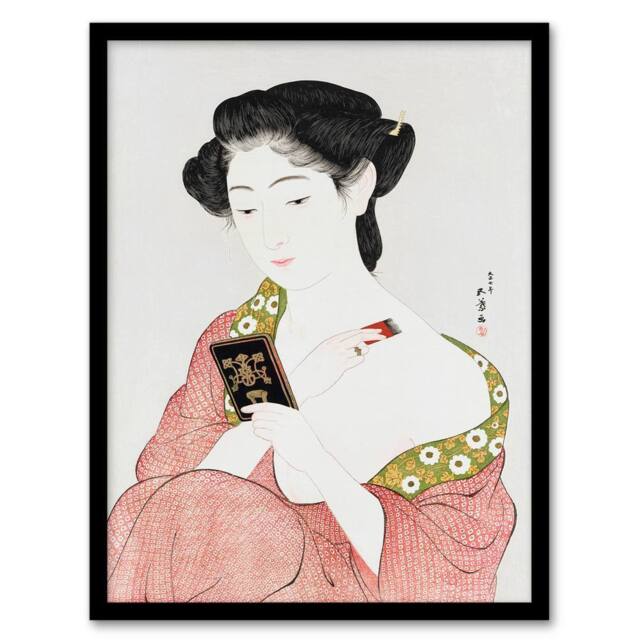 Artery8 Goyo Hashiguchi Framed Wall Art Print Woman Applying Powder Portrait in Pink - Size: A4 - image 1