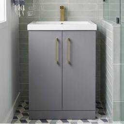 Balterley Modern Bathroom 2 Soft Close Door Vanity Unit Basin, Satin Grey, 600mm in Grey - thumbnail 5