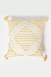Homescapes Yellow Geometric Tassel Cotton Cushion - Size: 45 cm x 45 cm