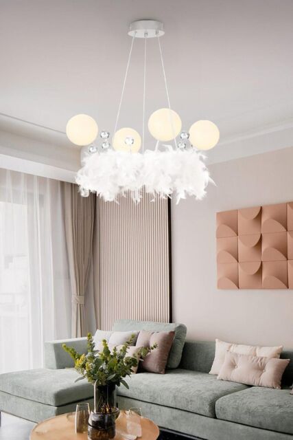 H&O Direct Unique Feather LED Chandelier Pendant Light with Balls in White - image 1