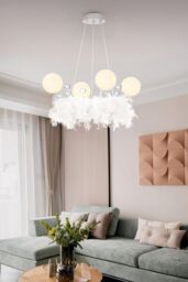 H&O Direct Unique Feather LED Chandelier Pendant Light with Balls in White